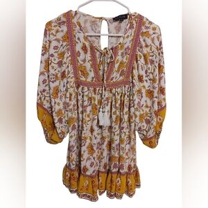 WOMEN'S RACHEL ZOE GOLD & PINK BOHO FLORAL BLOUSE W/TASSELS SIZE SMALL